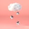 Cloud with gift box rain on pastel pink background. Creative idea. Gift boxes falling from cloud Minimal concept. 3d