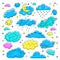 Cloud hand drawn Clouds icons set. Childrens sky and weather symbols. Vector Night sky, moon, rain and cartoon clouds