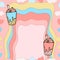 Cloud, heart and cup of milkshake with boba illustration on rainbow background. pastel color, hand drawn vector. pink, red, blue a