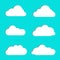Cloud icon set white color on blue background. Different nature cloudscape weather symbols. Vector illustration.