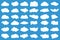 Cloud icons on blue background. 36 different clouds. Cloudscape. clouds.