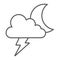 Cloud and lightning thin line icon, forecast and climate, thunder sign, vector graphics, a linear pattern on a white