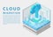 Cloud migration concept with symbol of floating cloud and upload arrow as isometric 3d vector illustration