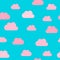 Cloud pattern background. Vector cartoon pink blue clouds with dot and stripe pattern background