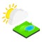 Cloud pond icon isometric vector. Pond with green grass yellow sun behind cloud