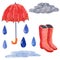 Cloud with raindrops, umbrella, rubber boots, hand drawn watercolor illustration