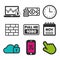 Cloud security icon. Laptop statistics symbol. Full hd icon. Firewall sign. Clock and Calendar icons.