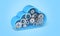 Cloud storage with gears. Technical work on the server. Blue background. 3d render