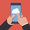 Cloud storage icon on the mobile phone screen. Person clicks on a smartphone screen. Flat vector illustration