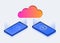 Cloud storage isometric 3D concept. Private and secure cloud hosting data transfers, downloading and online saving information