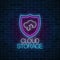 Cloud storage service glowing neon sign. Internet technology symbol with shield, cloud and arrows