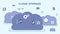 Cloud Storage Technology, Cloud Computing, Network Cloud Service Concept. Huge Pale Violet Clouds With Media Icons And