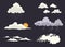 Cloud types vector set on dark background with different nature states. Storm, cloudscape, sun, rain with top