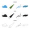 Cloud, umbrella, the north wind, a puddle on the ground. The weather set collection icons in cartoon,black,outline style