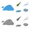 Cloud, umbrella, the north wind, a puddle on the ground. The weather set collection icons in cartoon,monochrome style