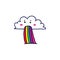 Cloud vomitting rainbow vector illustration. cloud with eyes and face. fantasy icon. imagination image. hand drawn vector. doodle