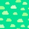 Clouds cartoon pattern background. Vector kid birthday greeting card, cloud pattern green background