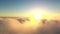 Clouds, drone and horizon of sunrise in blue sky for weather, nature and peaceful cloudscape. Heaven, earth and light