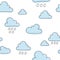 Clouds with drops and rain. Cute seamless pattern with clouds, cartoon illustration, background for kids, wallpaper.