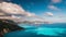 Clouds flowing over picturesque rocky coastline on Kefalonia island. Amazing footage with cloudscape and shadows on sea