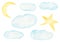 Clouds and heavenly bodies hand drawn raster illustration