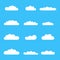 Clouds icon set. Different cloud shapes isolated on the blue sky background