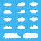 Clouds icon set, white clouds on blue. Cloud computing pack. Design elements