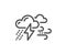 Clouds with raindrops, lightning, wind line icon. Bad weather sign. Vector