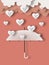 Clouds, silver hearts and a white paper-cut style umbrella on a pink background.