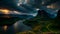 Clouds Skies Mountains Lake serene mystical landscape illustration. Ai generated