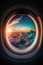 Clouds and sky seen through window of an aircraft. Travel concept. Flight by plane. Generative Ai
