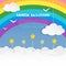 Clouds with stars and birds silhouettes on the rainbow background. Cloudy sky background. Colorful cloudscape background.