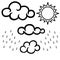 Clouds, sun and rain. Black and white linear set. coloring book for adult and older children