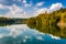 Clouds and trees reflecting in Prettyboy Reservoir, Baltimore Co