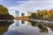 Cloudscape urban cityscape reflection at Osaka Castle Park, Japan