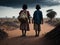 On a cloudy afternoon, two children face the African desert