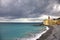 Cloudy day at the beach in the city of Camogli. North Italy