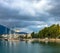 Cloudy day in chalkida bay in greece,the boats are by the coast