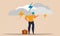 Cloudy disaster and insurance concept with office man thinking and walking. Struggle finance vector illustration. Investment debt