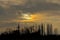 Cloudy evenig sky with dark clouds and yellow glow over bare trees in the Flemish countryside