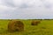 Cloudy landscape of meadows, which are mown haystacks.