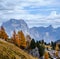 Cloudy morning autumn alpine Dolomites mountain scene. Peaceful view near Valparola and Falzarego Path, Belluno, Italy