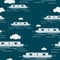 Cloudy Narrow Boats Vector Illustration Dark Background Seamless Pattern