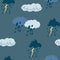 Cloudy rainy sky seamless pattern. Hand draw Blue clouds with thunderstorms, lightning and rain. Vector Print for textile, fabric