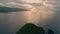 Cloudy sea shore panorama drone view. Aerial calm seascape before evening storm.