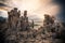 A cloudy sky behind the salt formations in Mono Lake