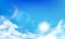 Cloudy sky. Daytime bright sun, sunny day clouds and realistic cloud in blue sky realistic vector background