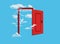 Cloudy sky Full opened door . red open door with white fluffy clouds going through it