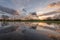 Cloudy sky reflecting in the water in flooded meadow