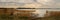 cloudy spring day. wide panoramic view from the grassy coast to a large calm lake with coastal reeds and the opposite shore under